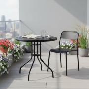 Stolik ogrodowy okrągły 80 cm szkło hartowane otwór na parasol czarny MultiGarden