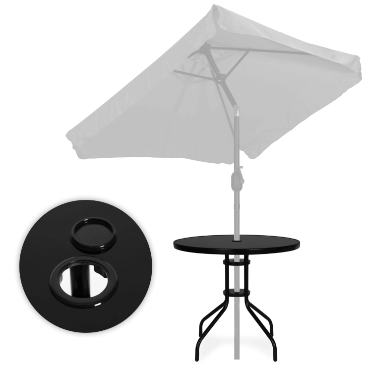 Stolik ogrodowy okrągły 80 cm szkło hartowane otwór na parasol czarny MultiGarden