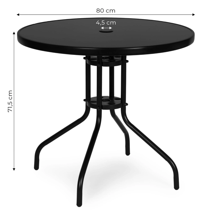 Stolik ogrodowy okrągły 80 cm szkło hartowane otwór na parasol czarny MultiGarden