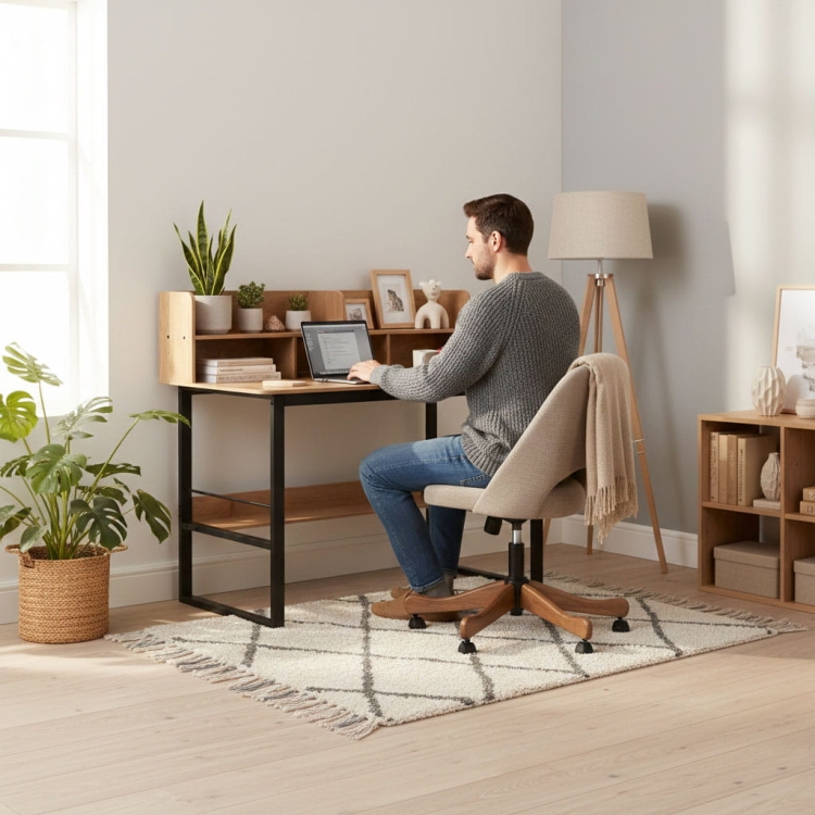 Biurko komputerowe 120x60 cm nadstawka 5 półek jasny dąb loftowe ModernHome