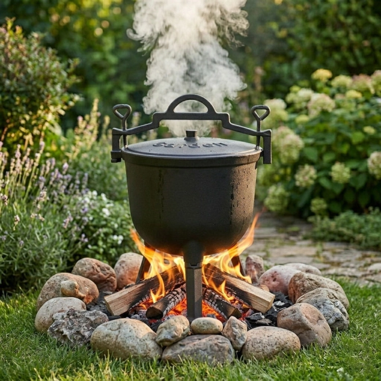 Kociołek żeliwny emaliowany 8L stojący garnek myśliwski ognisko grill MultiGarden