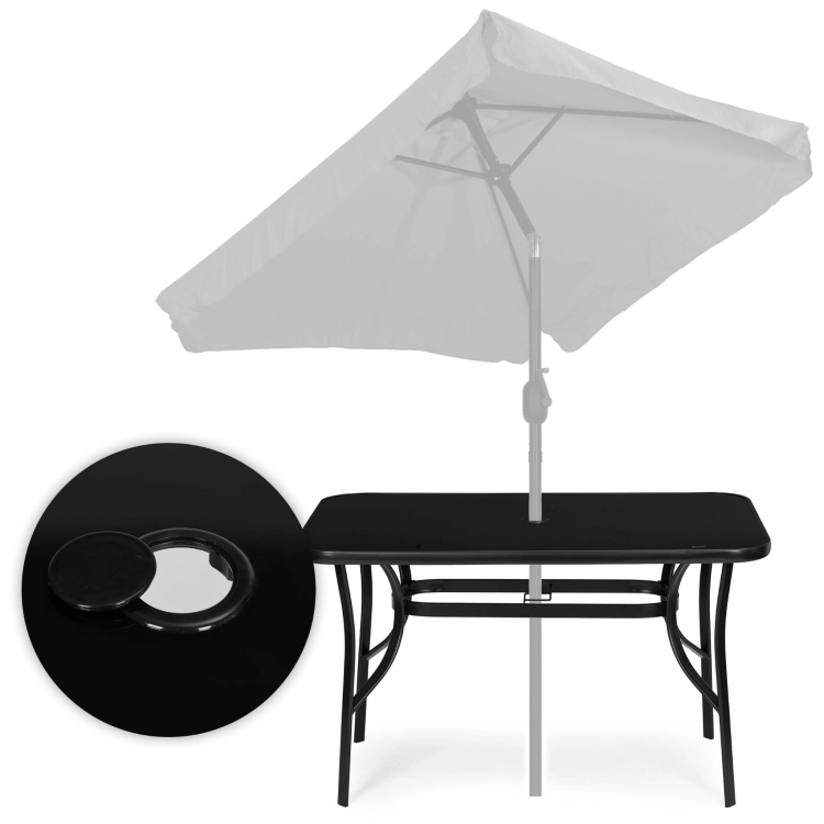 Stół ogrodowy 140x80 cm szkło hartowane otwór na parasol czarny MultiGarden
