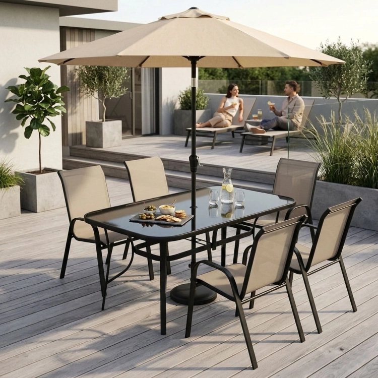 Stół ogrodowy 160x90 cm szkło hartowane otwór na parasol czarny MultiGarden