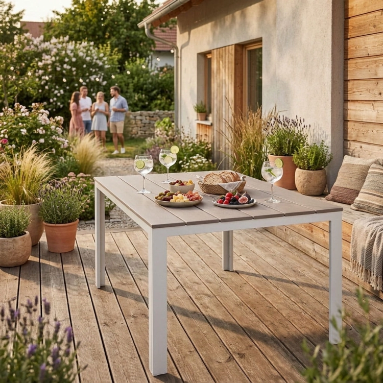 Stół ogrodowy 6-osobowy 156x78 cm polywood meble na taras beżowe białe MultiGarden