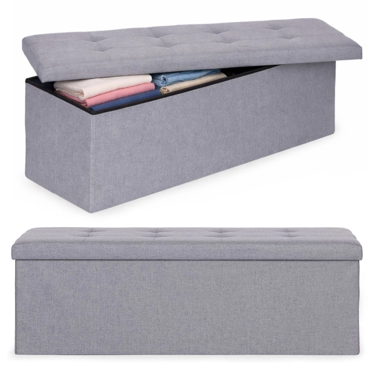 Pufa pikowana 111x38 cm ze schowkiem tapicerowana ława skrzynia jasnoszara ModernHome