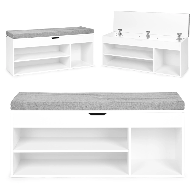 Szafka na buty z szarą poduszką i otwieranym siedziskiem 3 półki biała ModernHome