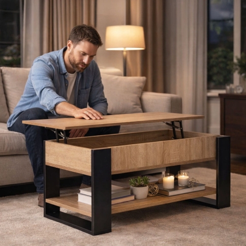 Stolik kawowy rozkładany blat podnoszony 90 cm schowek półka dąb sonoma ModernHome